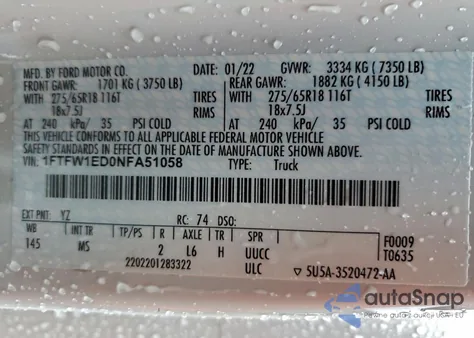 2022 Ford F150 Supercrew from USA, damaged, VIN 1FTFW1ED0NFA51058